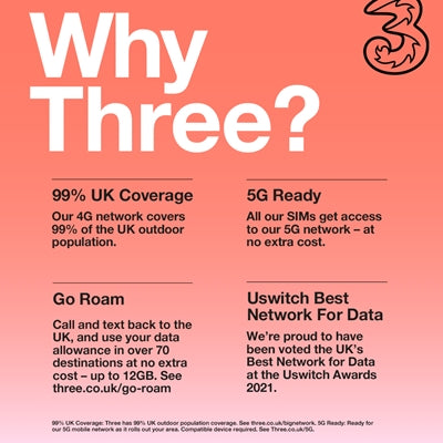 Three 3G 4G & 5G-Ready 12GB Prepaid Mobile Broadband Trio SIM Card