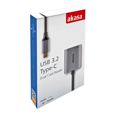 Akasa AK-CR-10BK USB 3.2 Type-C Dual Card Reader, SD/microSD, Data Transfer Rate upto 5 Gb/s, Aluminium Housing