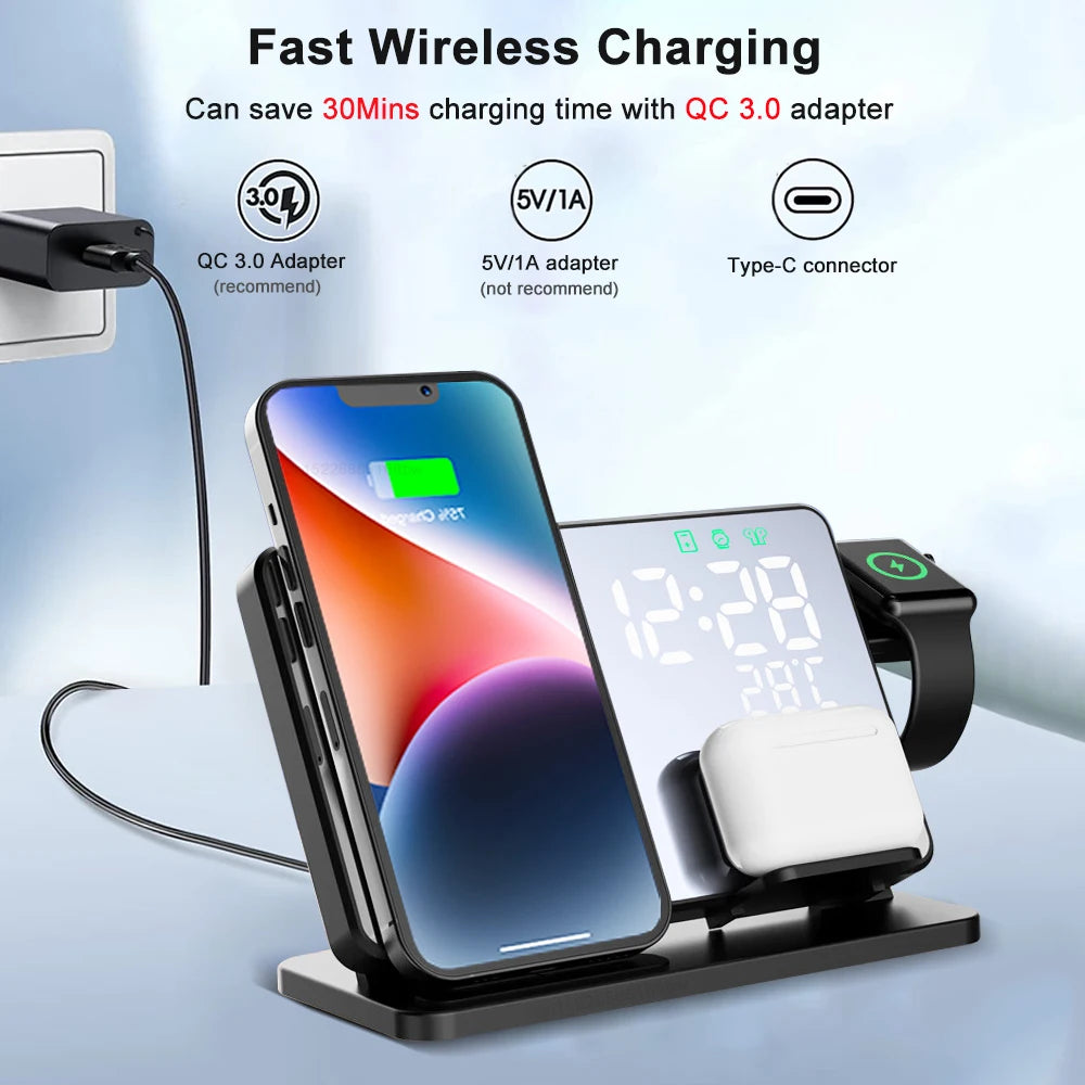 3 in 1 Wireless Charger For iPhone 14 13 12 Pro Max Fast Charging  Station For Apple Watch 8 7 Chargers Stand With Alarm Clock