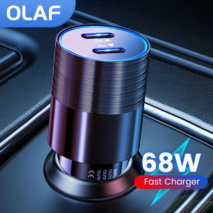 68W Dual USB Type C Car Charger Metal Auto PD Charger Adapter Fast Charging USB C Charger For CellPhone in Car For iPhone 13 12