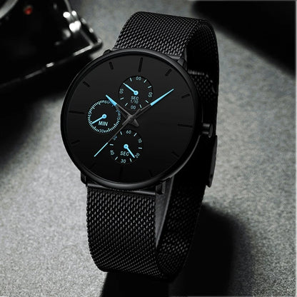 Men's Luxury Business Watch - Black Stainless Steel Ultra-Thin Mesh Strap Quartz Wrist Watch for Casual & Classic Style