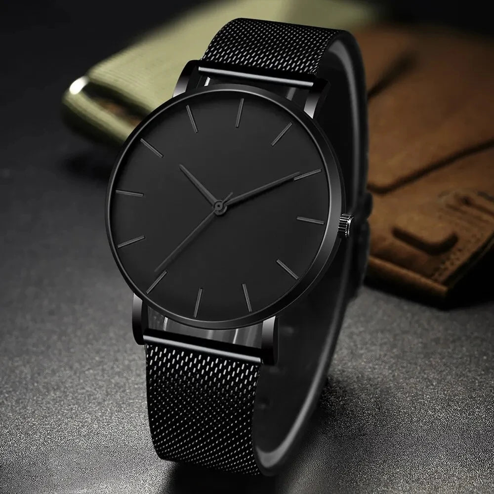 Men's Luxury Business Watch - Black Stainless Steel Ultra-Thin Mesh Strap Quartz Wrist Watch for Casual & Classic Style