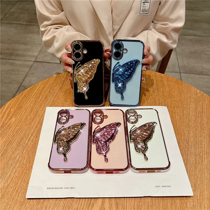 Luxury Plating Pattern Glitter Butterfly Holder Stand Phone Case For iPhone 12 13 14 16Pro Max Bumper Protector On 15 Plus Cover