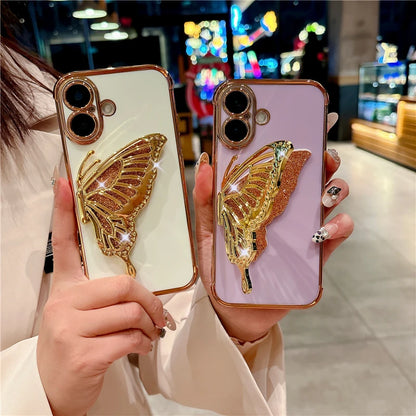 Luxury Plating Pattern Glitter Butterfly Holder Stand Phone Case For iPhone 12 13 14 16Pro Max Bumper Protector On 15 Plus Cover