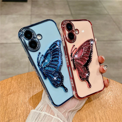 Luxury Plating Pattern Glitter Butterfly Holder Stand Phone Case For iPhone 12 13 14 16Pro Max Bumper Protector On 15 Plus Cover