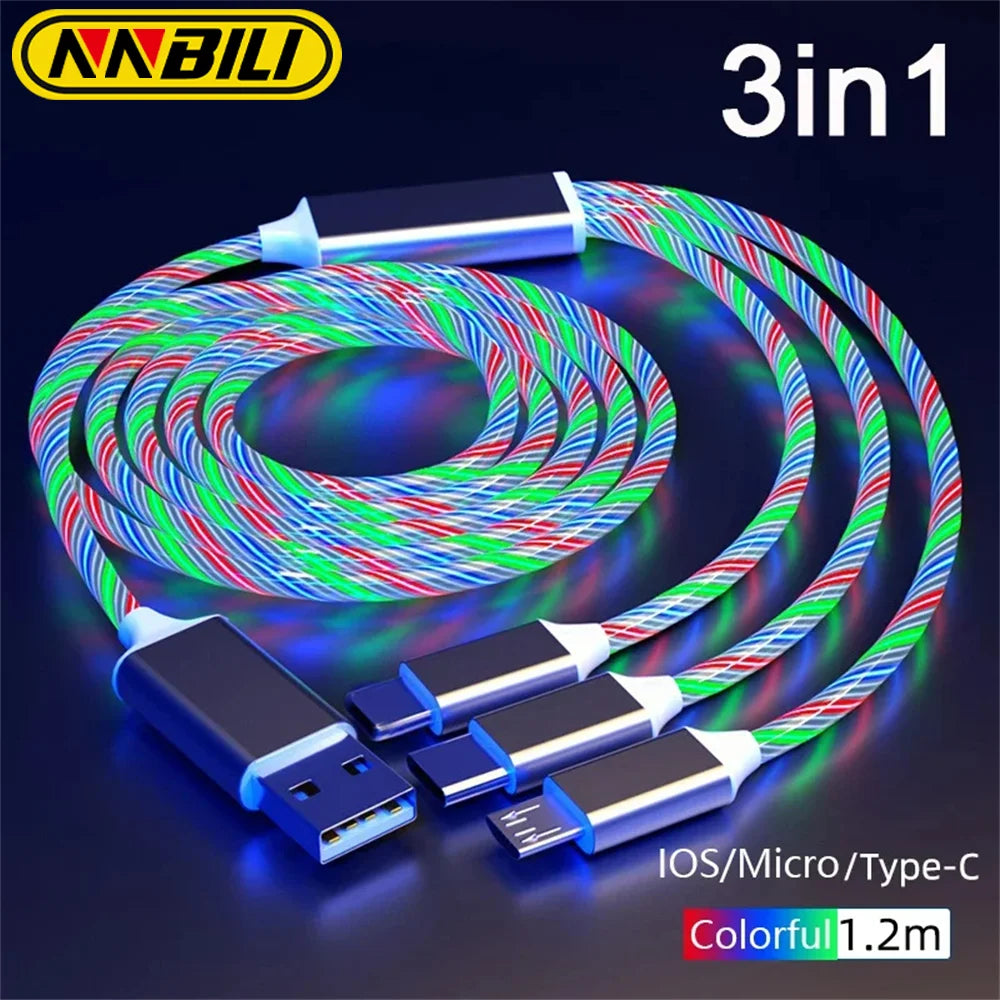 NNBILI Glowing LED Light USB 3 IN 1 cable Phone Fast Charging Charger Luminous Type C Cable For Xiaomi iPhone Phone Accessories