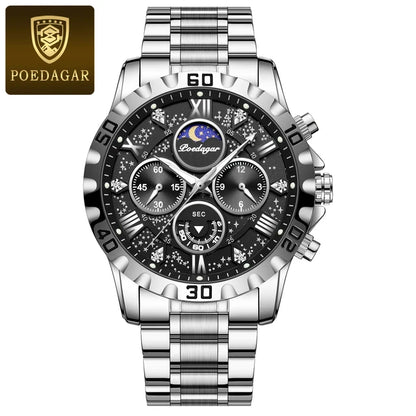 POEDAGAR Luxury Quartz Sports Watch for Men – Waterproof Stainless Steel, Luminous Chronograph, Men's Watch (Reloj)