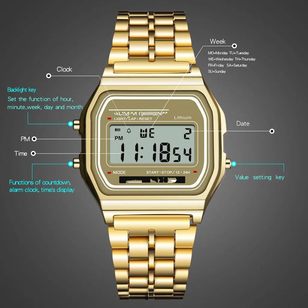 Steel Strip LED Watch - Ultra-Thin Gold & Silver Cold Light Fashion Watch F91W Multifunctional