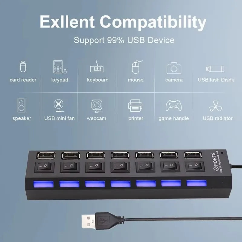 7-Port USB 2.0 Switch Extension Hub – One Drag Seven USB Splitter for PC, Laptop, and Desktop