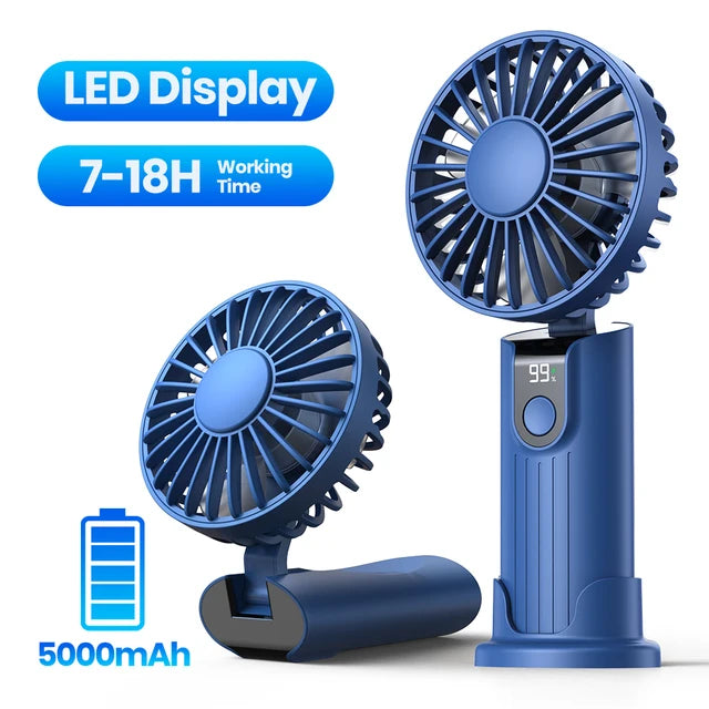 TOPK 3-in-1 Portable Handheld Fan – USB Rechargeable, 5000mAh, Foldable Personal Travel & Desk Fan with Digital Display