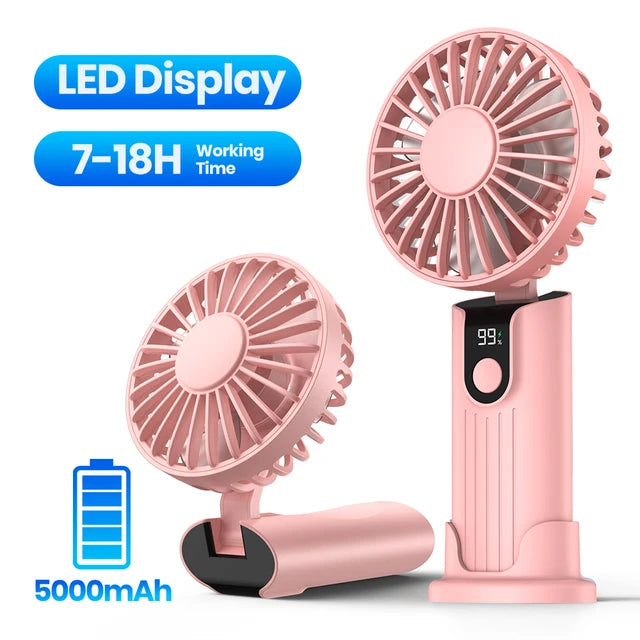 TOPK 3-in-1 Portable Handheld Fan – USB Rechargeable, 5000mAh, Foldable Personal Travel & Desk Fan with Digital Display