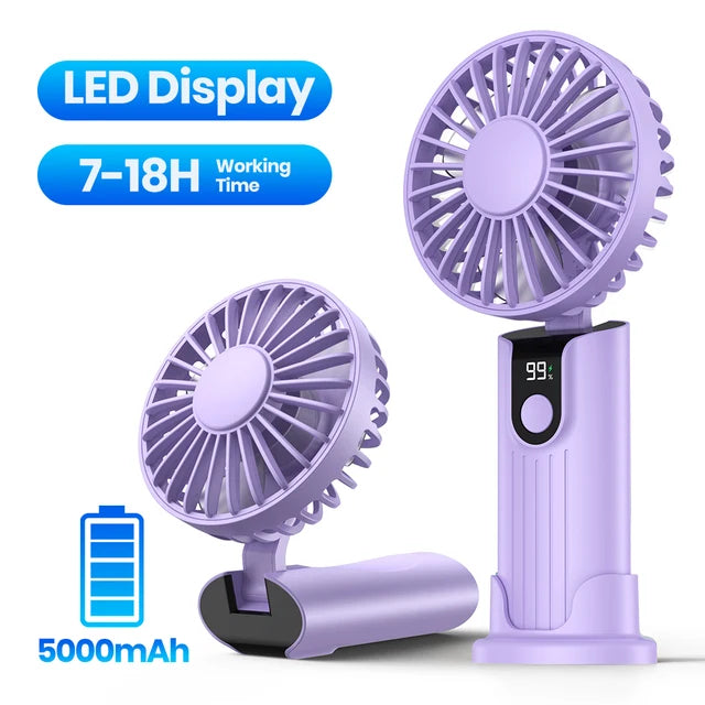 TOPK 3-in-1 Portable Handheld Fan – USB Rechargeable, 5000mAh, Foldable Personal Travel & Desk Fan with Digital Display