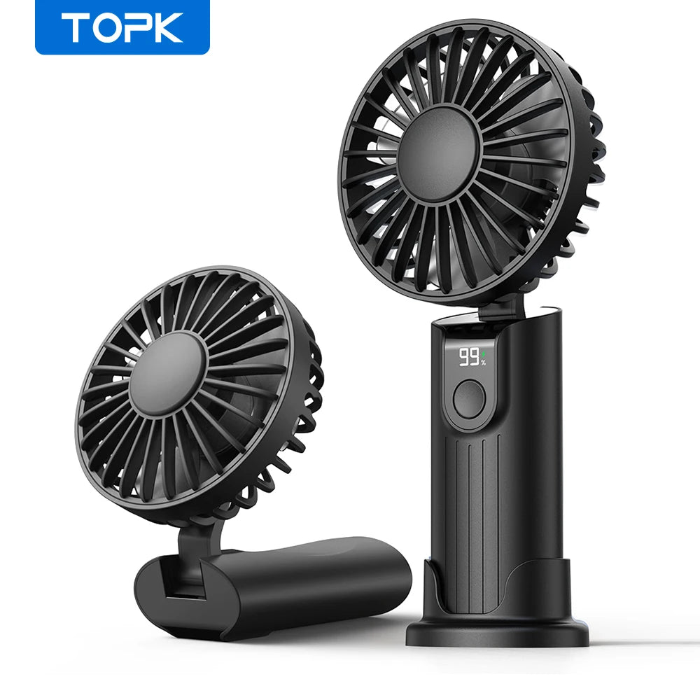 TOPK 3-in-1 Portable Handheld Fan – USB Rechargeable, 5000mAh, Foldable Personal Travel & Desk Fan with Digital Display