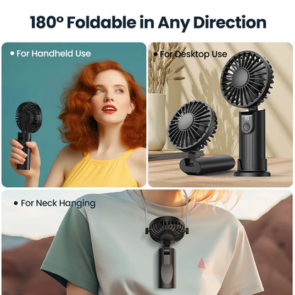 TOPK 3-in-1 Portable Handheld Fan – USB Rechargeable, 5000mAh, Foldable Personal Travel & Desk Fan with Digital Display