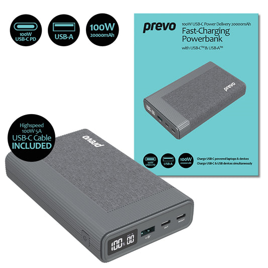 Prevo AD10C 100W USB-C Power Delivery PD 20000mAh Portable Fast-Charging Powerbank with Digital Display, Dual USB-C & USB-A with 100W USB-C Cable Included for Laptops, Ultrabooks, Chromebooks, Smartphones & Tablets