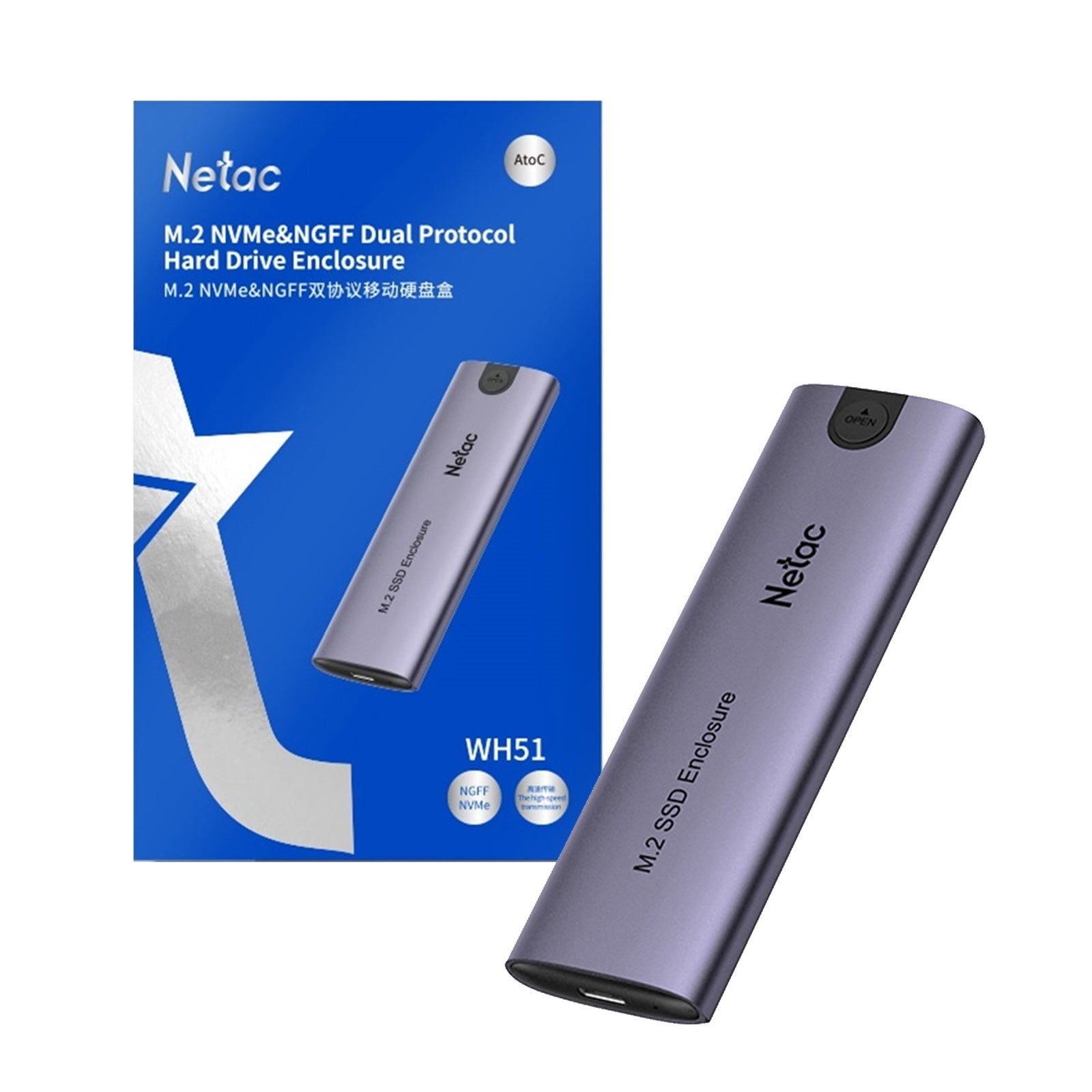 Netac M.2 NVMe/SATA External Enclosure, USB3.1, Aluminum, 10Gbps, USB C to C, USB C to A