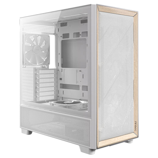 Antec FLUX Mid Tower PC Case - Tempered Glass, White/Wood, 5 PWM Fans, USB-C, E-ATX/ATX/mATX/ITX Compatibility