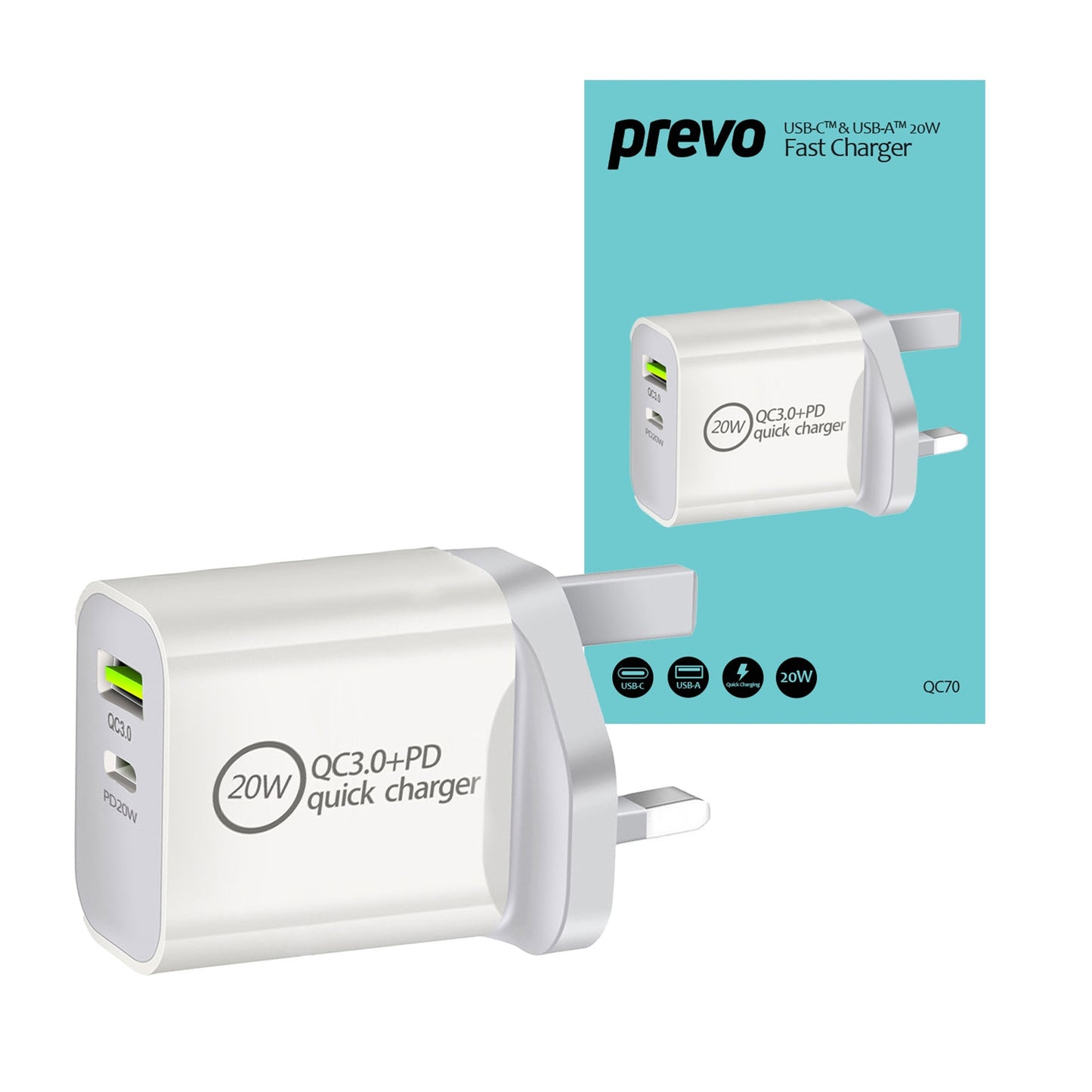 Prevo QC70 20W USB Type-C & USB Type-A Fast Charge Mains Charger with QC 3.0 for Laptops, Ultrabooks, Chromebooks, iPads, MacBooks, Smartphones, Tablets, Mobile Devices, Action Cameras, DSLRs