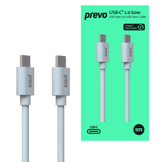 Prevo USB 2.0 60W C to C PVC cable, 20V/3A, 480Mbps, White, Superior Design & Performance, Retail Box Packaging