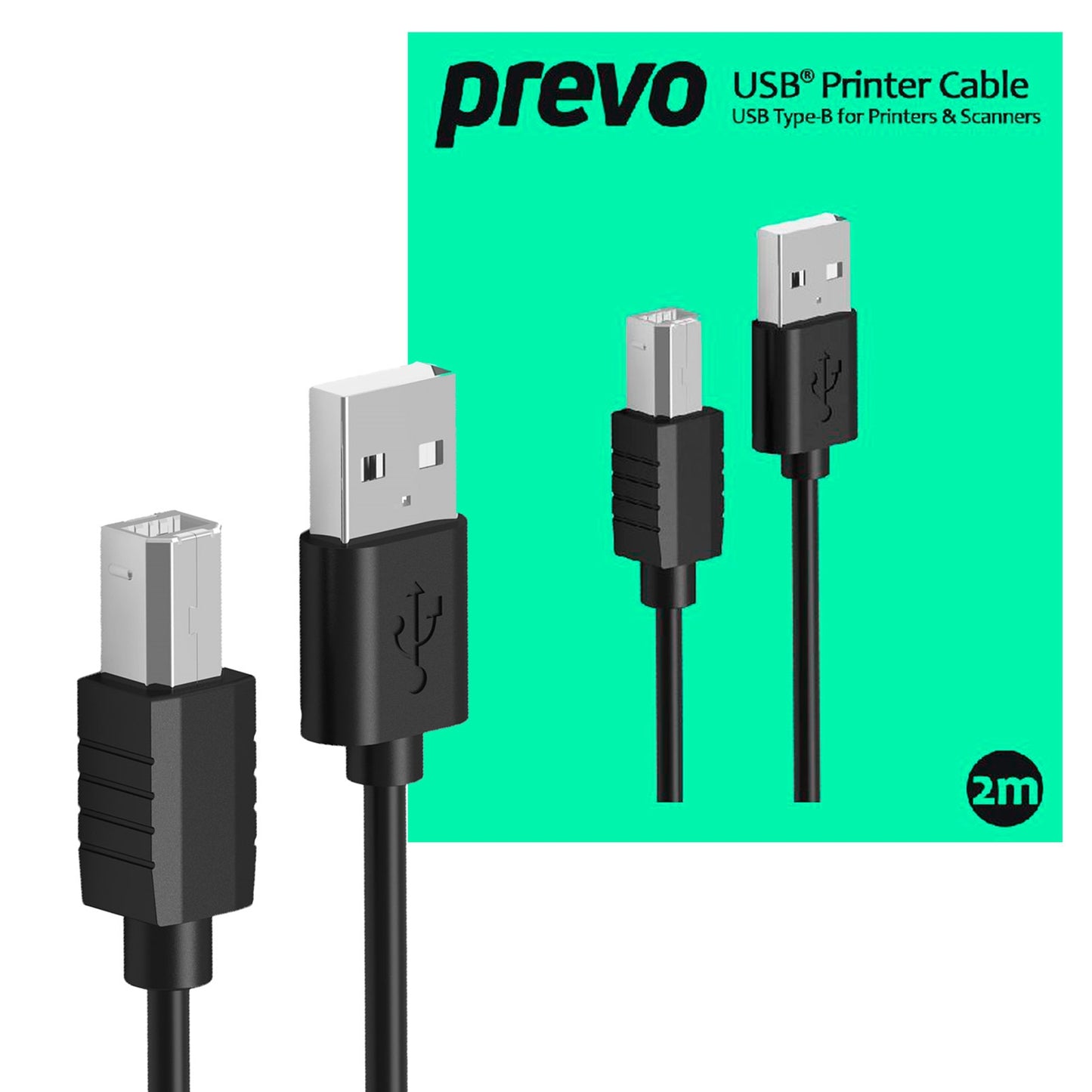 Prevo USBA-USBB-2M USB Printer Cable, USB 2.0 Type-A (M) to USB 2.0 Type-B (M), 2m, Black, 480Mbps Transmission Rate, Suitable for Printers & Scanners, Retail Box Packaging