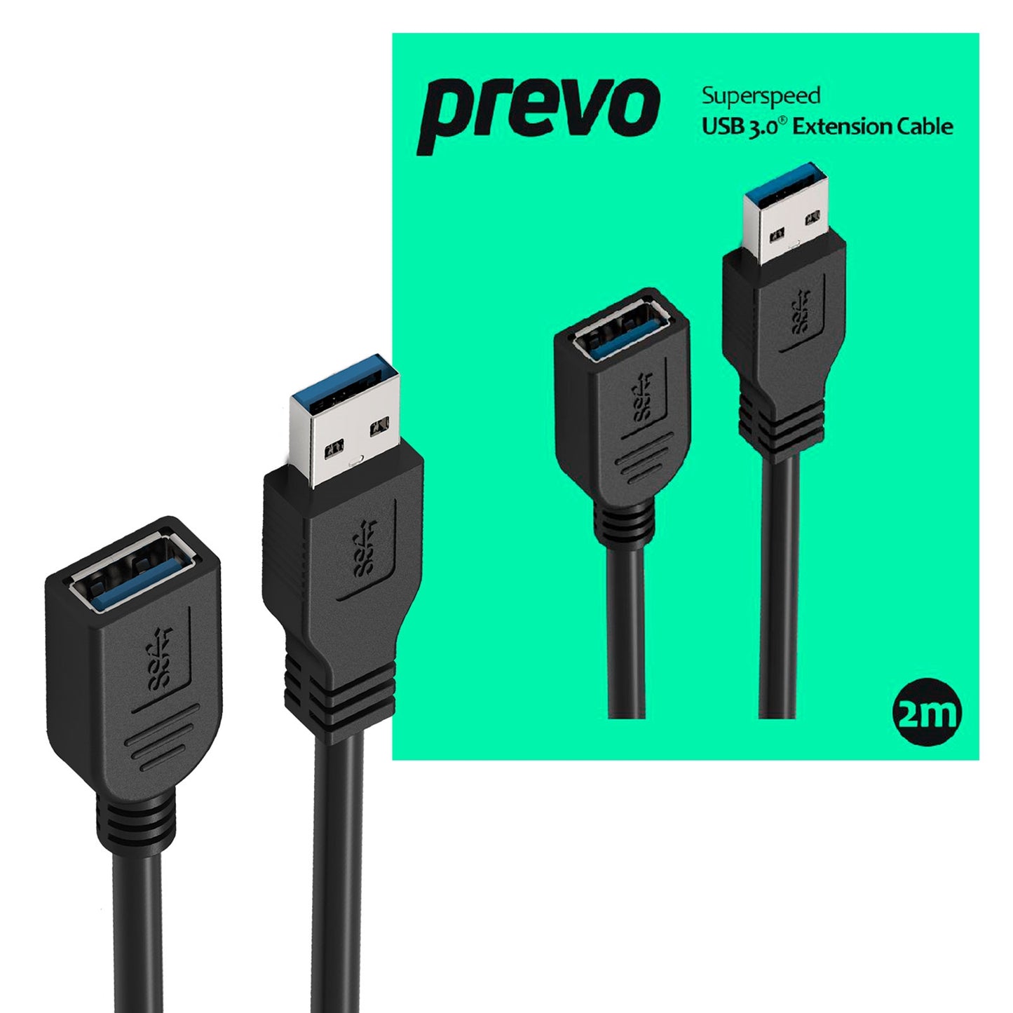 Prevo USBM-USBF-2M USB Extension Cable, USB 3.0 Type-A (M) to USB Type-A (F), 2m, Black, Up to 5Gbps Transmission Rate, Retail Box Packaging