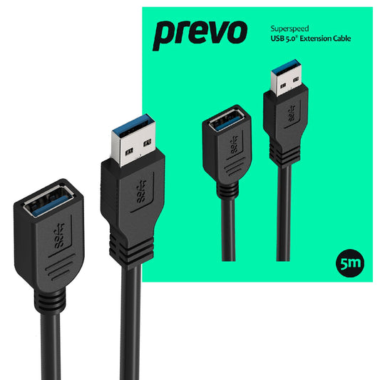 Prevo USBM-USBF-5M USB 3.0 Extension Cable, USB 3.0 Type-A (M) to USB Type-A (F), 5m, Black, Up to 5Gbps Transmission Rate, Retail Box Packaging