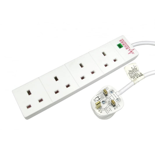 2m 4 Gang Surge Protected LED Indicator UK Mains Extension - White