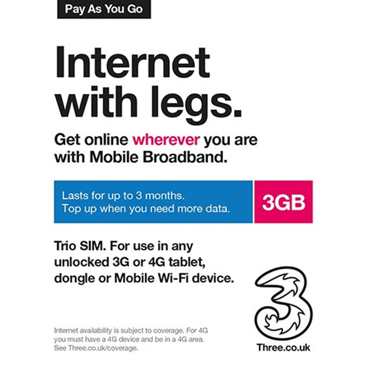 Three 3G 4G & 5G-Ready 3GB Prepaid Mobile Broadband Trio SIM Card