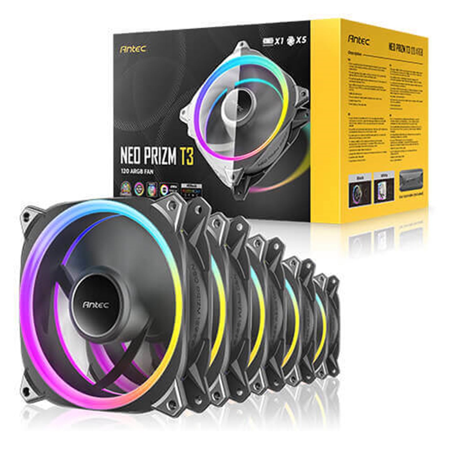 Antec Neo Prizm T3 120 ARGB PWM Case Fan (3-Pack) - Hydro Bearing, 600-2000 RPM, Black