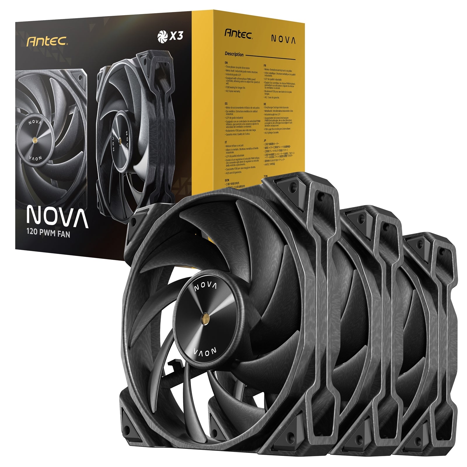 Antec NOVA 120 PWM Fan, 3 Pack, High-Performance Cooling with Fluid Dynamic Bearing, Precise Three-Phase Speed Control, Industrial-Grade Metal Construction, and Dustproof Design