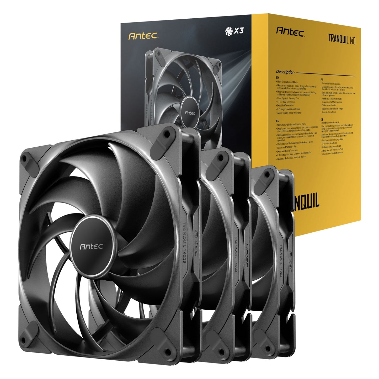 Antec Tranquil 140 ARGB PWM Case Fan, 3 Pack, Fluid Dynamic Bearing, 450-1500 RPM, Black