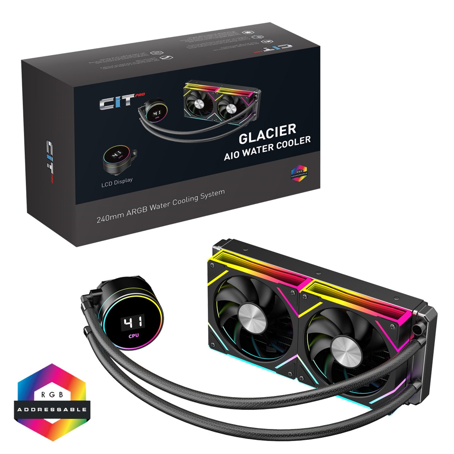 CiT Pro Glacier AIO 240mm Liquid CPU Cooler with ARGB LED Lighting, Dual PWM Fans, and Real-Time Temperature Display - Black