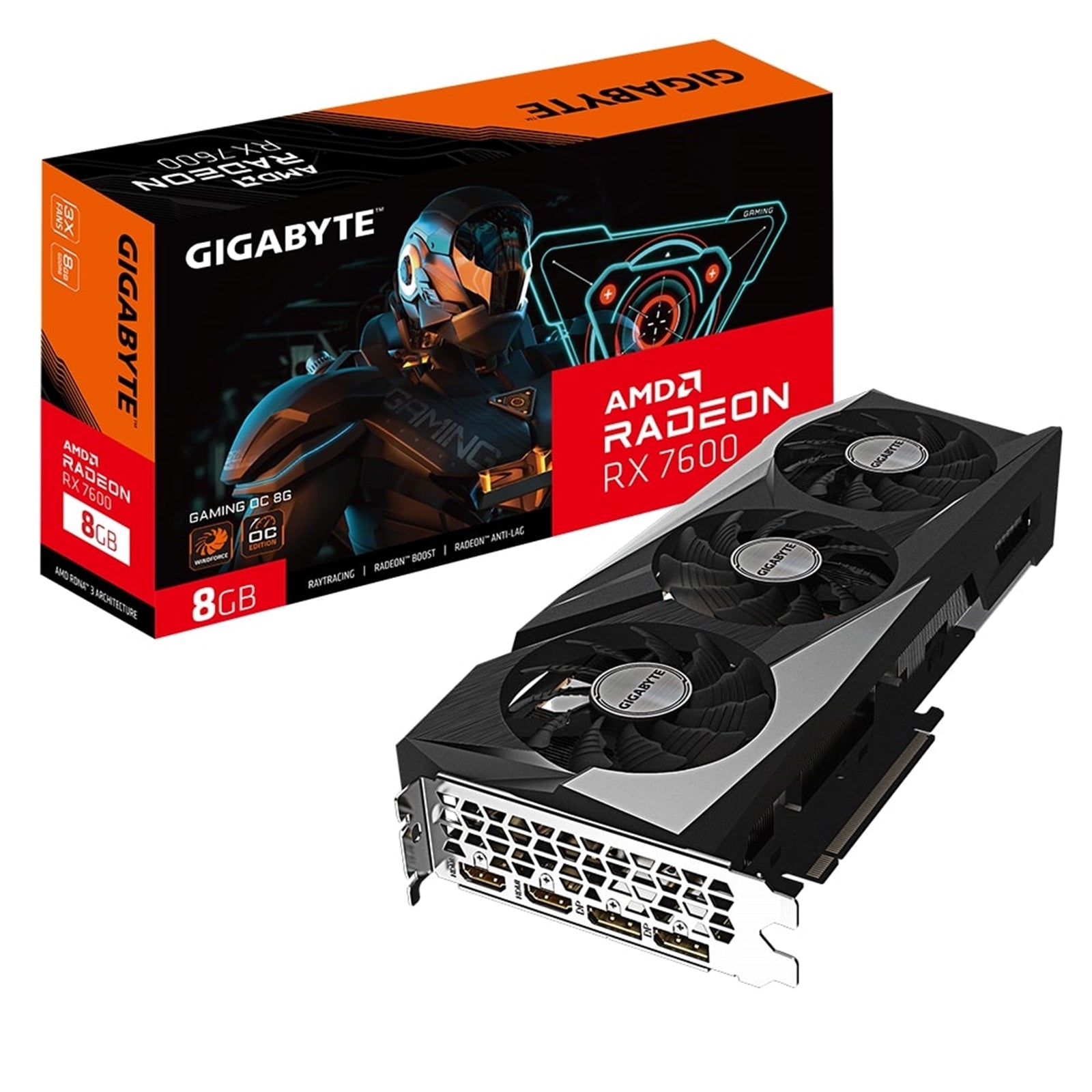 Gigabyte AMD Radeon RX 7600 GAMING OC Graphics Card, 8GB GDDR6, 2048 Streams, 2755 MHz Boost Clock, Triple Fan, RGB, 2x DisplayPorts / 2x HDMI Ports