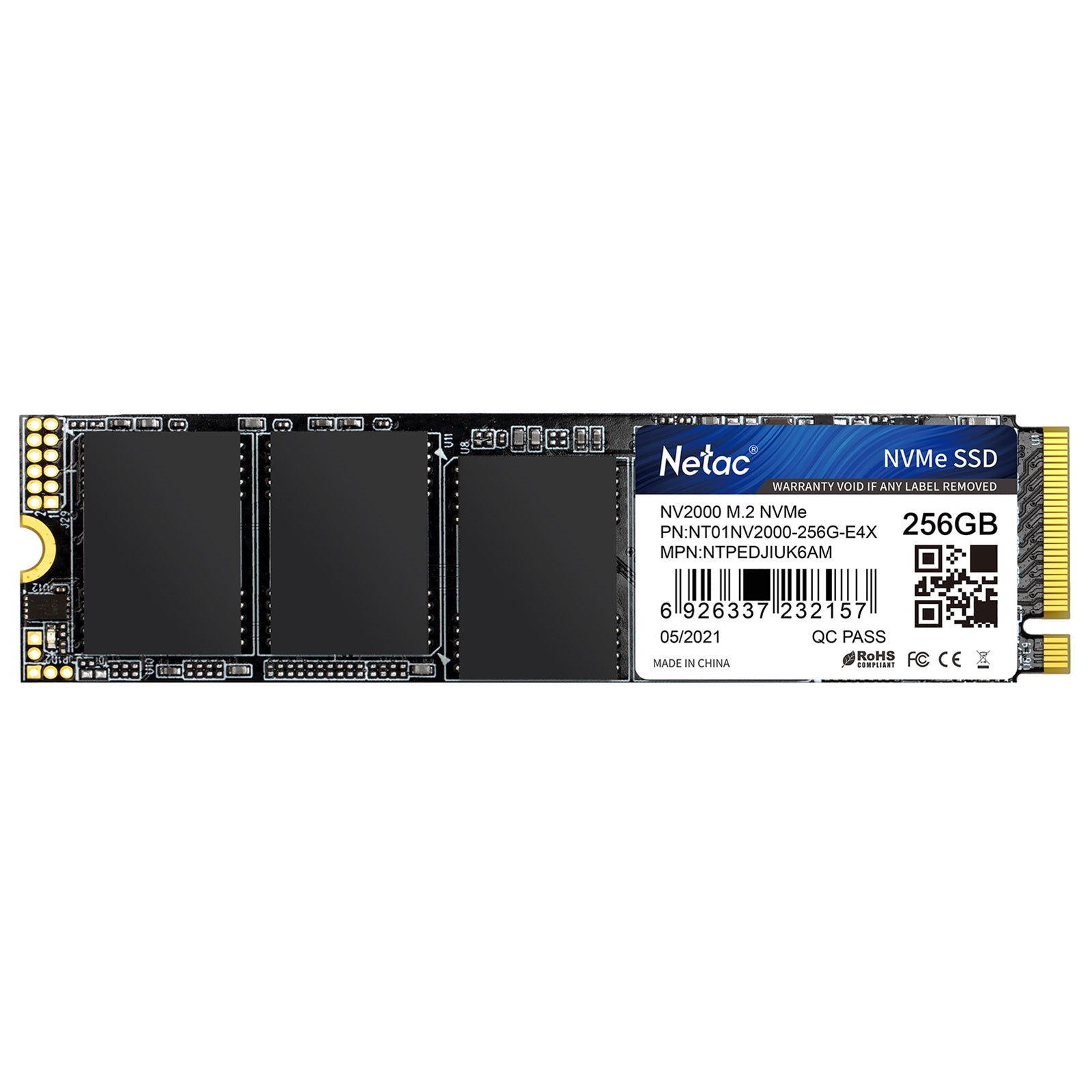 NETAC NV2000 (NT01NV2000-256-E4X) 256GB NVMe SSD, M.2 Interface, PCIe Gen3, 2280 SSD, Read 2500MB/s, Write 1000MB/s, 5 Year Warranty