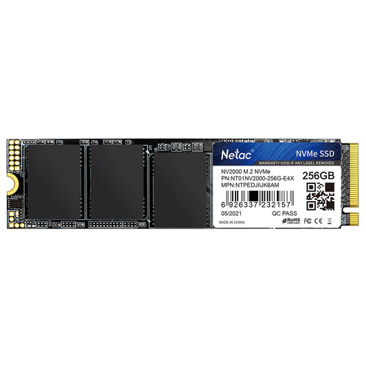 NETAC NV2000 (NT01NV2000-256-E4X) 256GB NVMe SSD, M.2 Interface, PCIe Gen3, 2280 SSD, Read 2500MB/s, Write 1000MB/s, 5 Year Warranty