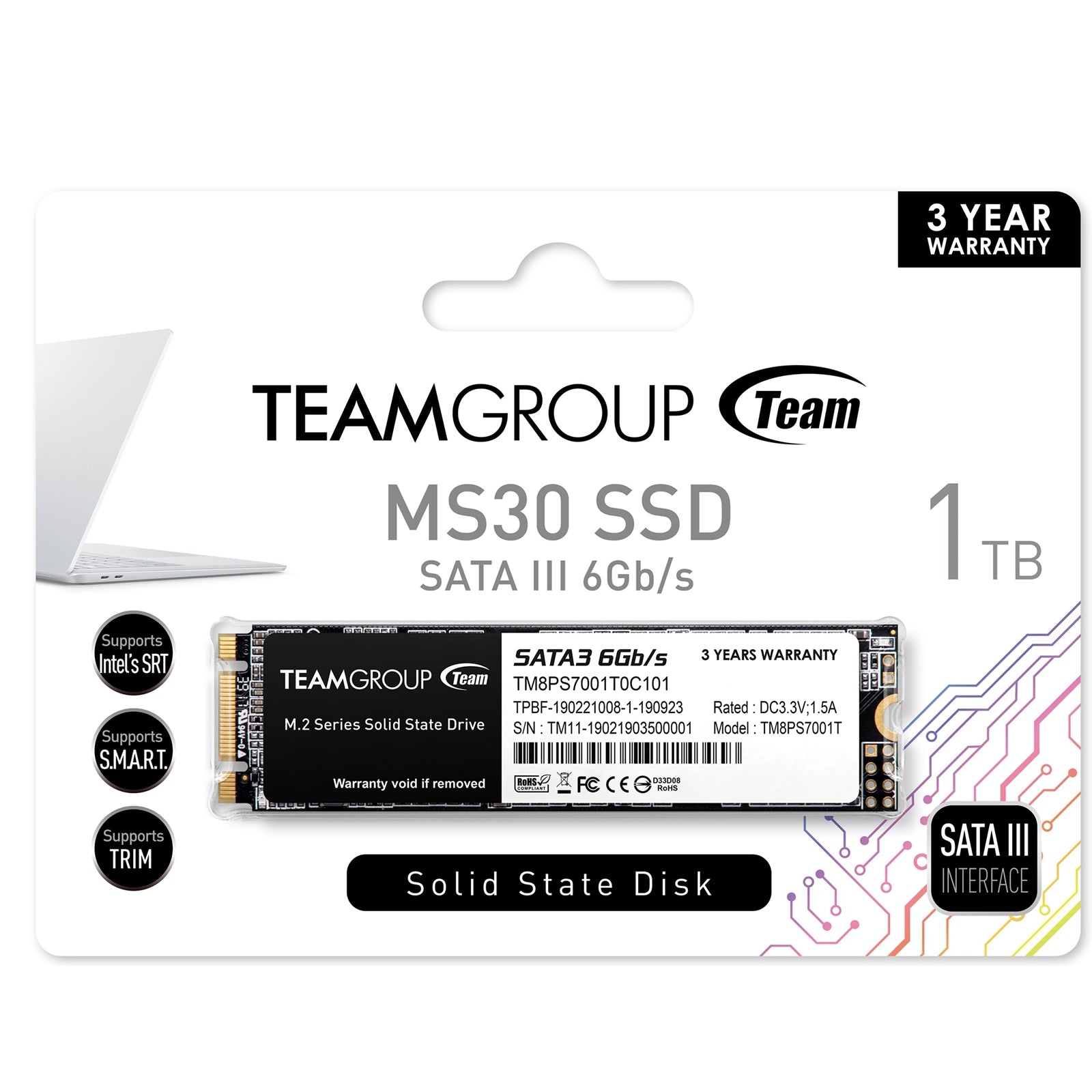 Team MS30 1TB M.2 Sata (TM8PS7001T0C101) 1TB, M.2 Sata Interface, PCIe Gen3, Read 530MB/s, Write 480MB/s, 3 Year Warranty