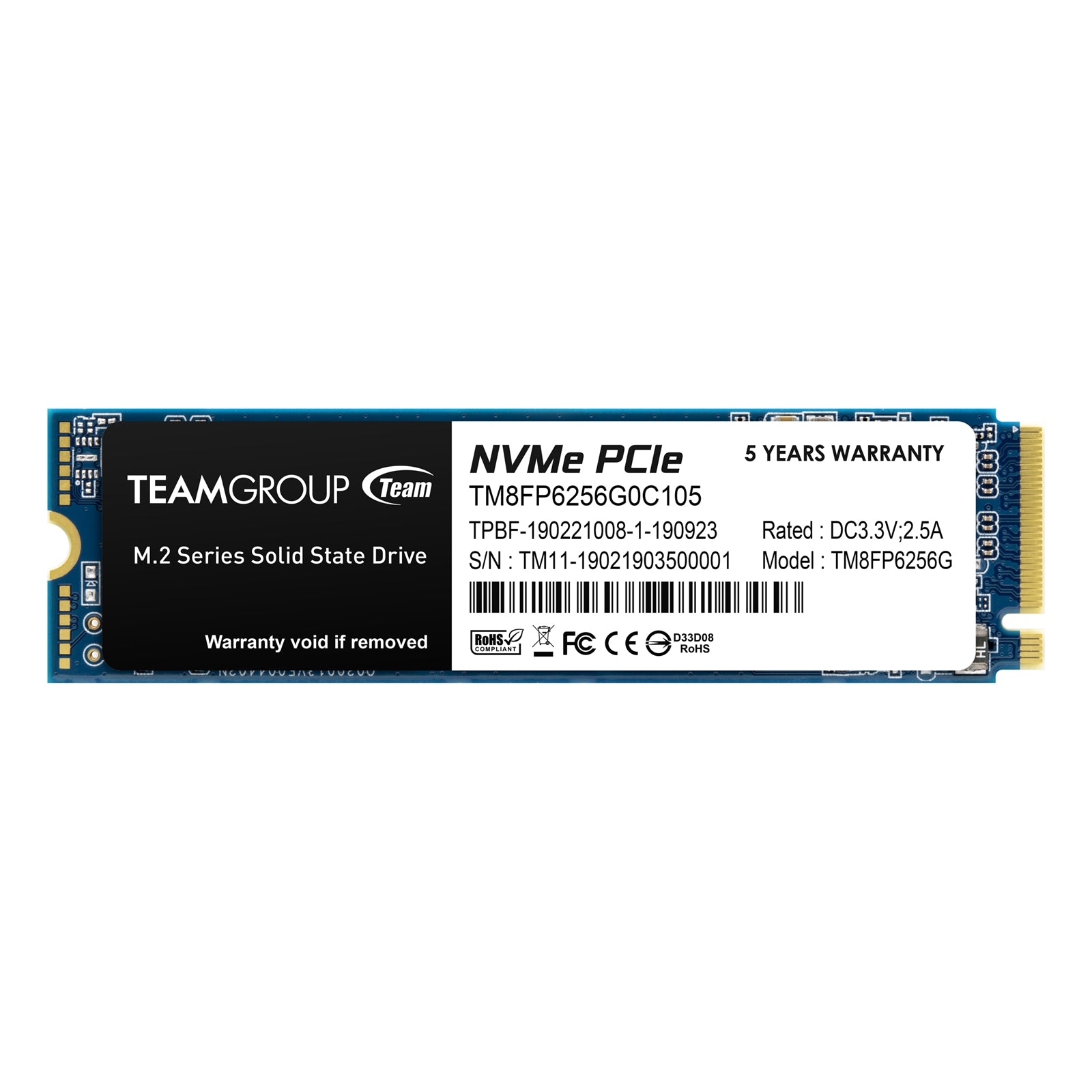 Team MP33 (TM8FP6256G0C101) 256GB NVMe M.2 Interface, PCIe Gen3, 2280, Read 1600MB/s, Write 1000MB/s, 3 Year Warranty