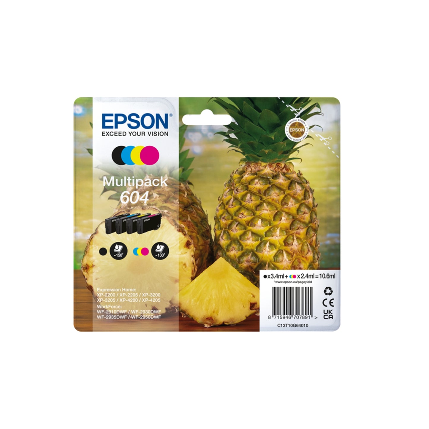 Epson 604 Multipack - Full Set of 4 Ink Cartridges - Pineapple (Original) C13T10G64010 Value Pack CMY (130 Pages) K (150 Pages)