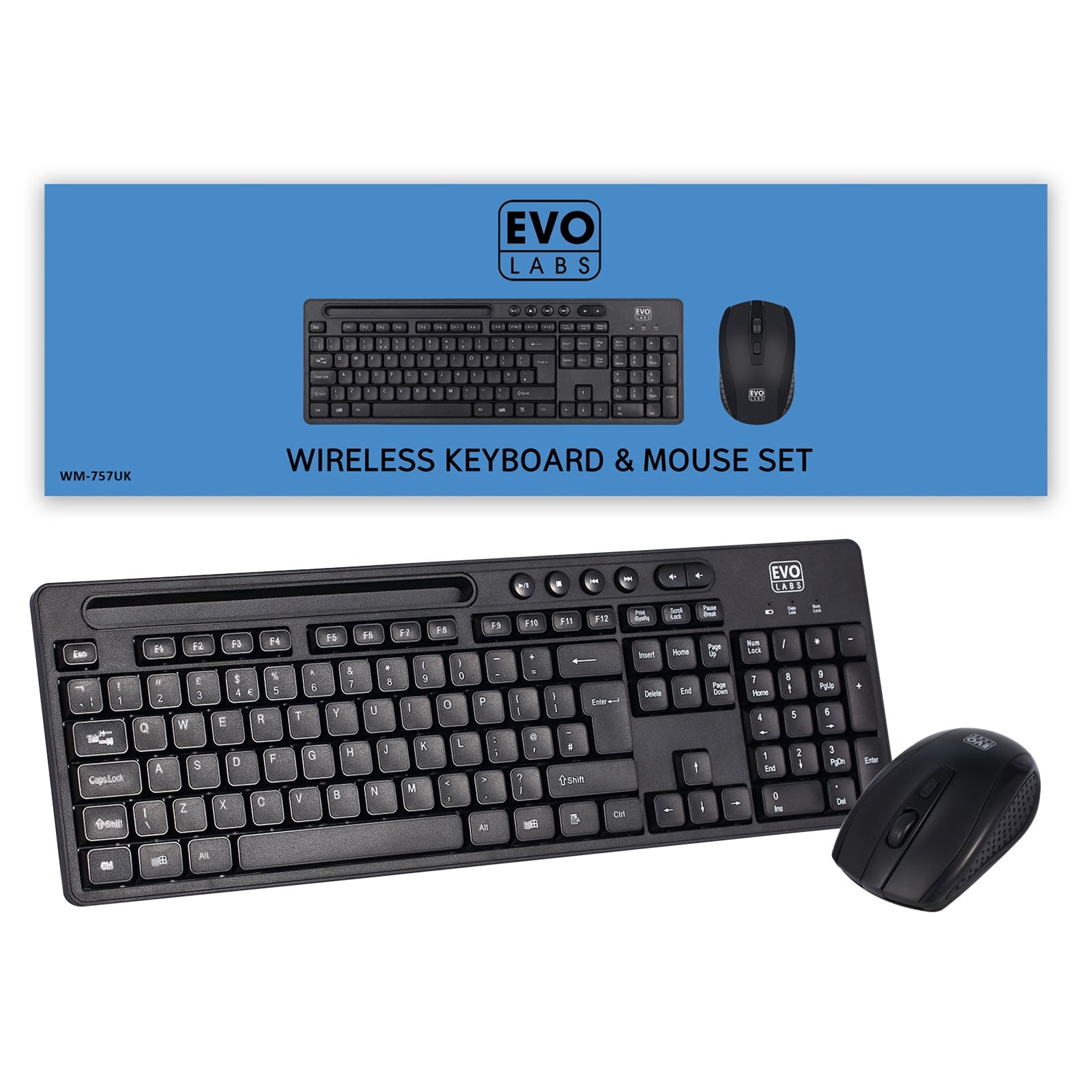 Evo Labs WM-757UK Wireless Keyboard and Mouse Combo Set, With Integrated Tablet/ Mobile/ Smartphone Stand, 2.4GHz Full Size Qwerty UK Layout Keyboard with Wireless Mouse, Ideal for Home/Office, Black