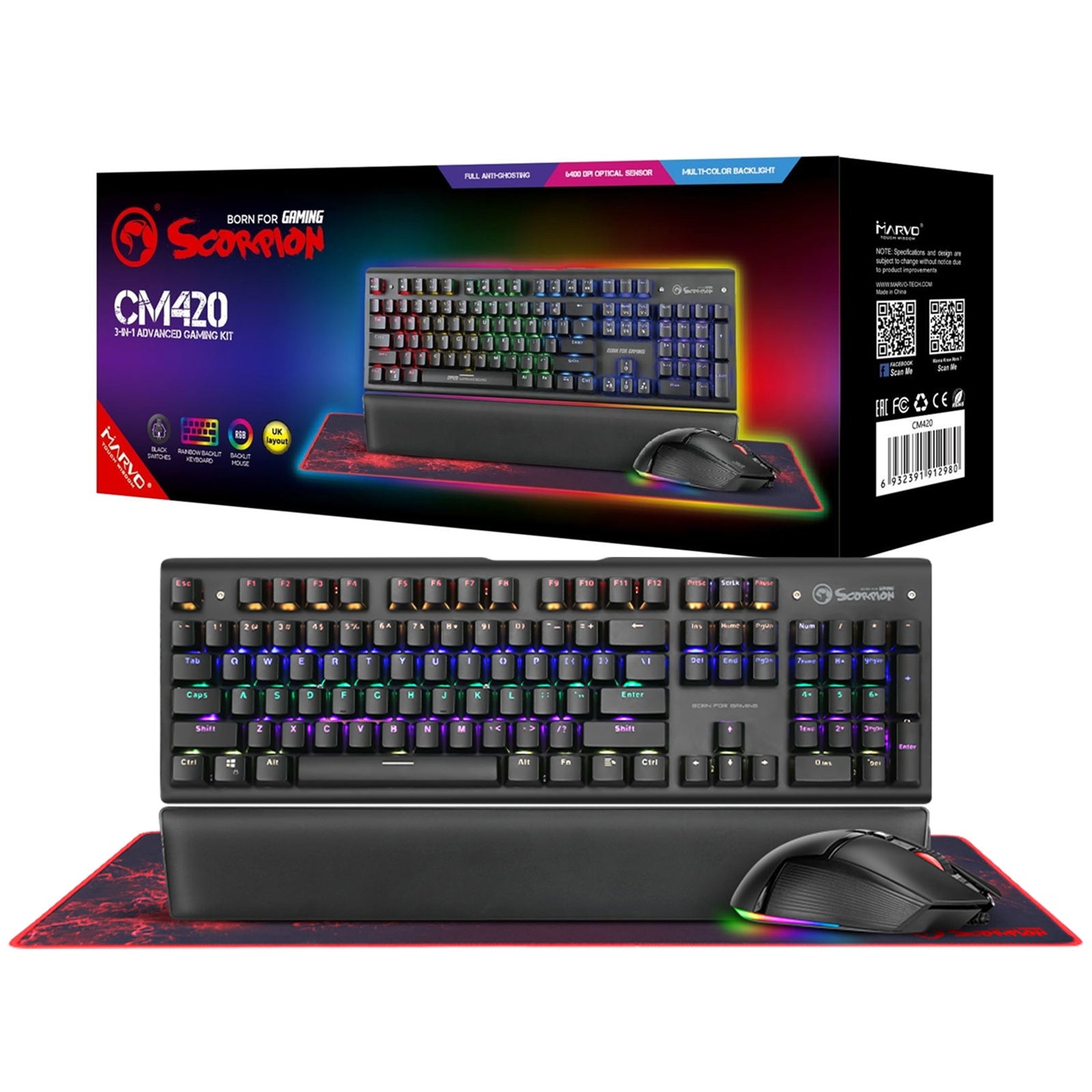 Marvo Scorpion CM420-UK 3-in-1 Gaming Bundle, Keyboard, Mouse and Mouse Pad Wired USB 2.0,  RGB,  Mechanical, Blue Switch, Multimedia and Anti-ghosting Keys, UK Layout, 6400 dpi, Programmable RGB Mouse