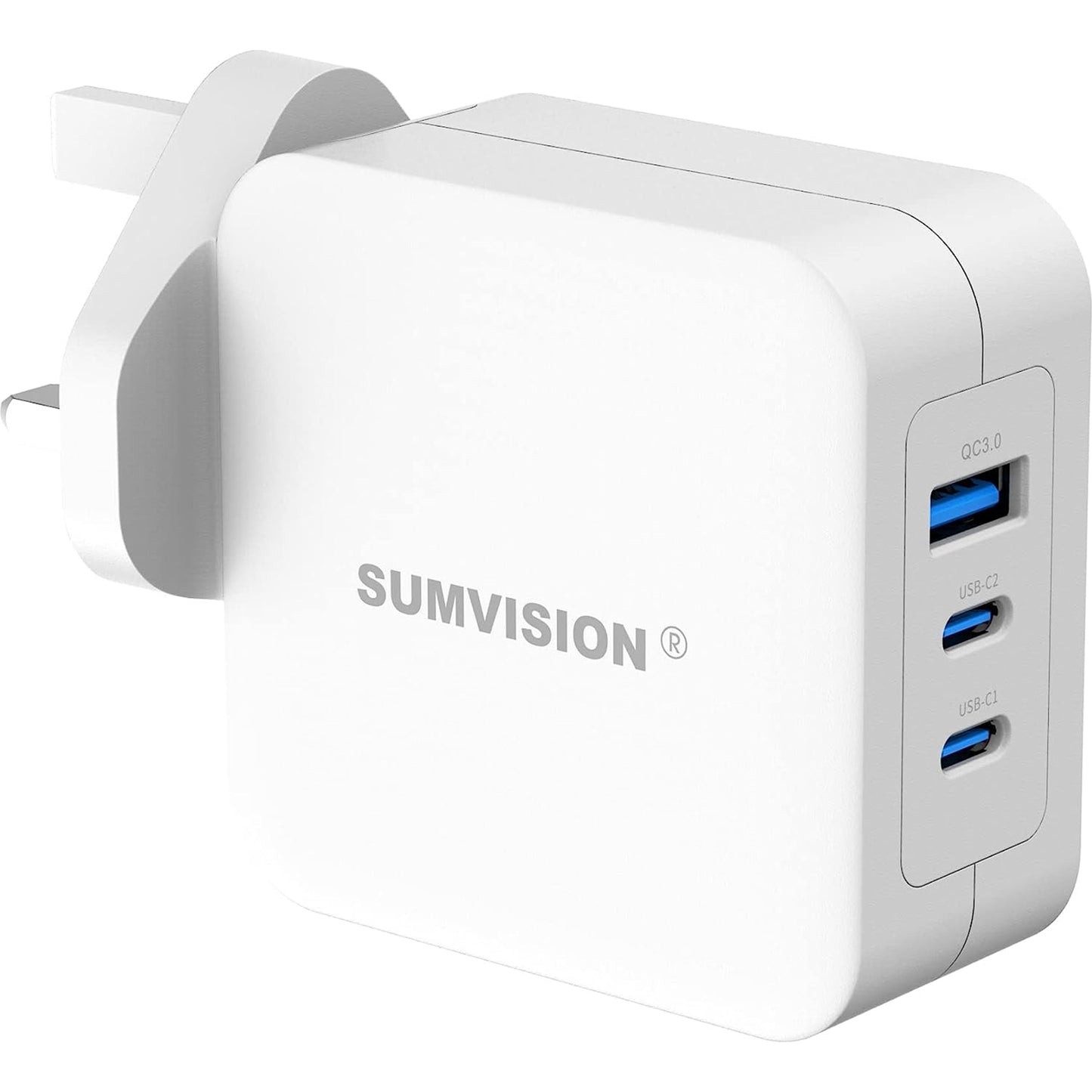 SUMVISION Universal 3 Port USB White Laptop Wall Charger, 100W, GaN, Multiport USB Connections with Type-C, USB-A QC 3.0 Fast Charge & USB-A, Includes UK Plug, Suitable for USB-C Laptop Charging, UK Design and Free UK Tech Support