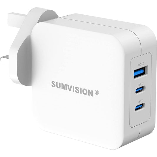 SUMVISION Universal 3 Port USB White Laptop Wall Charger, 100W, GaN, Multiport USB Connections with Type-C, USB-A QC 3.0 Fast Charge & USB-A, Includes UK Plug, Suitable for USB-C Laptop Charging, UK Design and Free UK Tech Support