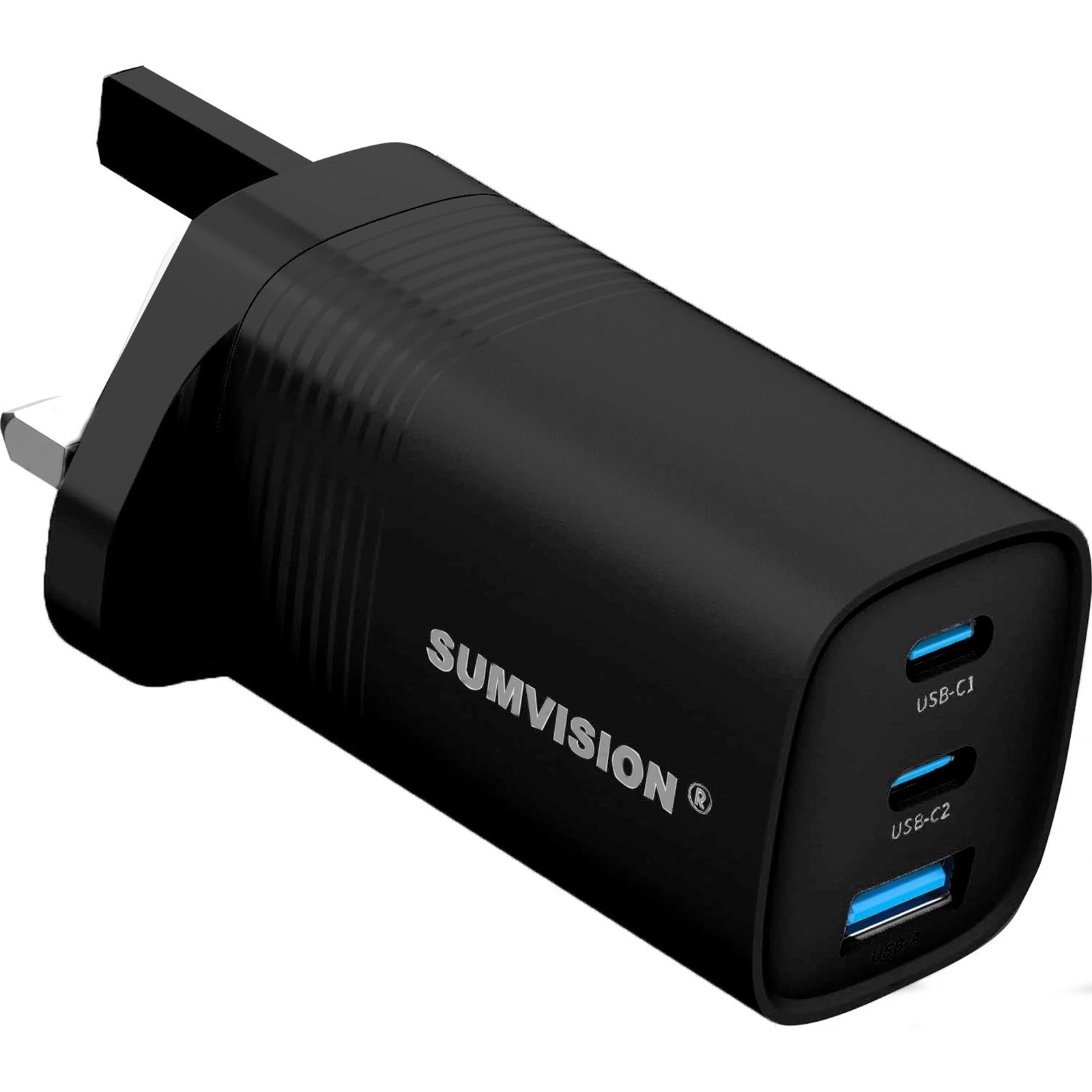 SUMVISION Universal 3 Port USB Black Laptop Wall Charger, 65W, GaN, Multiport USB Connections with Type-C, USB-A QC 3.0 Fast Charge & USB-A, Includes UK Plug, Suitable for USB-C Laptop Charging, UK Design and Free UK Tech Support