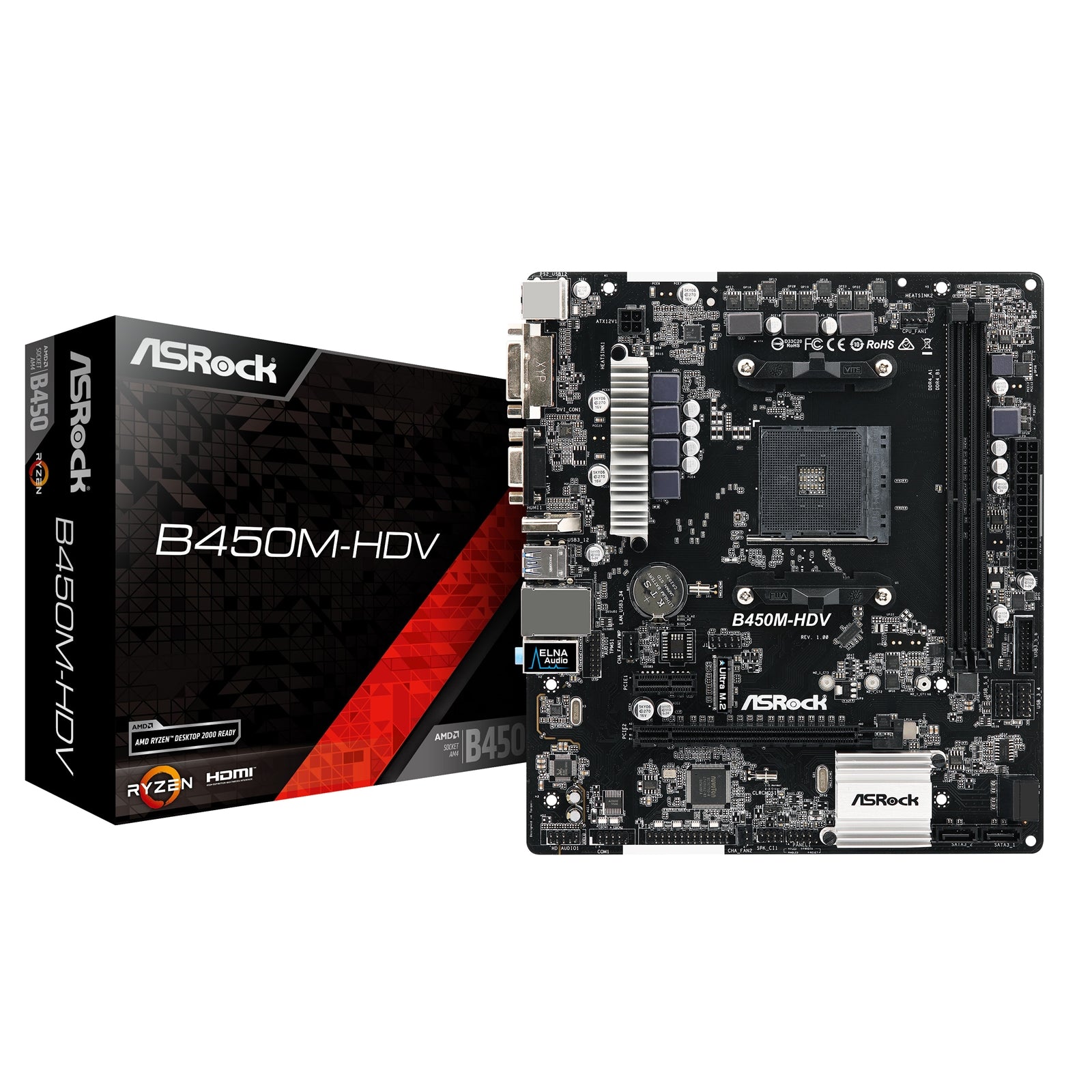 ASRock B450M-HDV R4.0 Super Alloy AMD AM4 Socket Motherboard, Micro-ATX, 2x DDR4 Slots, 1x M.2 Socket, GbE LAN, 1x D-Sub / 1x DVI-D / 1x HDMI Port