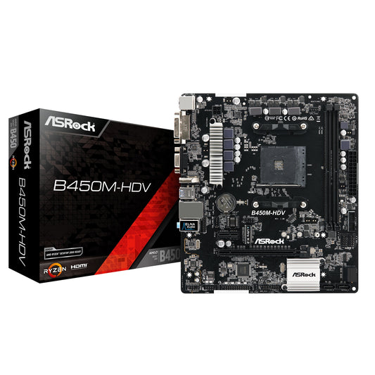 ASRock B450M-HDV R4.0 Super Alloy AMD AM4 Socket Motherboard, Micro-ATX, 2x DDR4 Slots, 1x M.2 Socket, GbE LAN, 1x D-Sub / 1x DVI-D / 1x HDMI Port