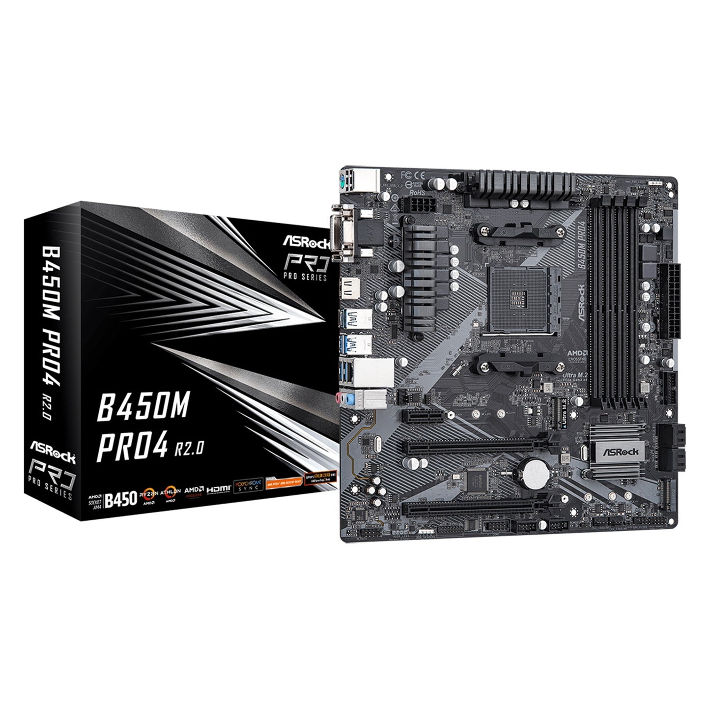 ASRock B450M Pro4 R2.0 Super Alloy AMD AM4 Socket Motherboard, Micro-ATX, 4x DDR4 Slots, 2x M.2 Sockets, GbE LAN, 1x D-Sub / 1x DVI-D / 1x HDMI Port