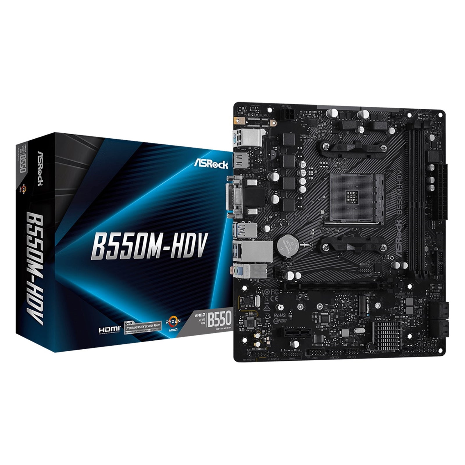 ASRock B550M-HDV AMD AM4 Socket Motherboard, Micro-ATX, 2x DDR4 Slots, 1x M.2 Socket, GbE LAN, 1x D-Sub / 1x DVI-D / 1x HDMI Port