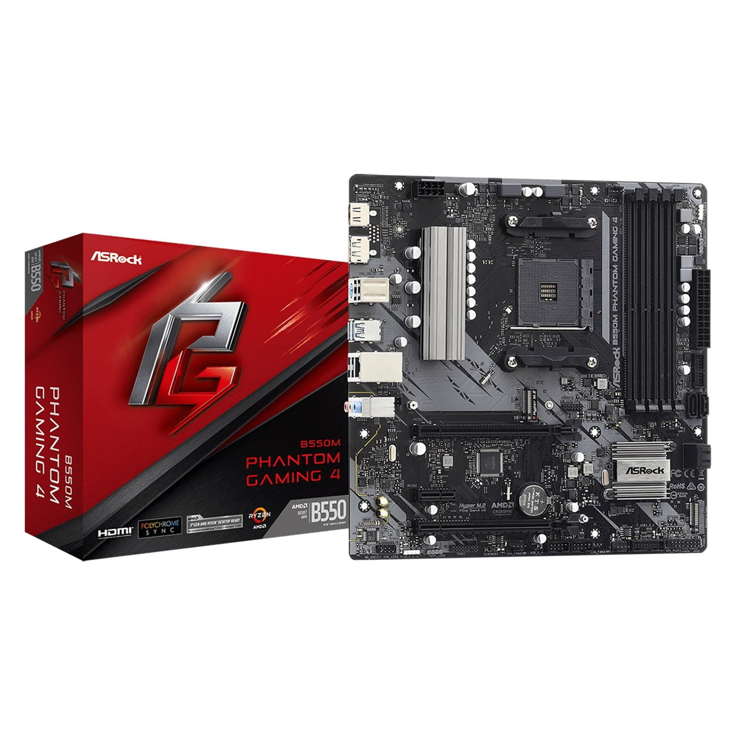 ASRock B550M Phantom Gaming 4 AMD AM4 Socket Motherboard, Micro-ATX, 4x DDR4 Slots, 2x M.2 Sockets, GbE LAN, 1x DisplayPort / 1x HDMI Port