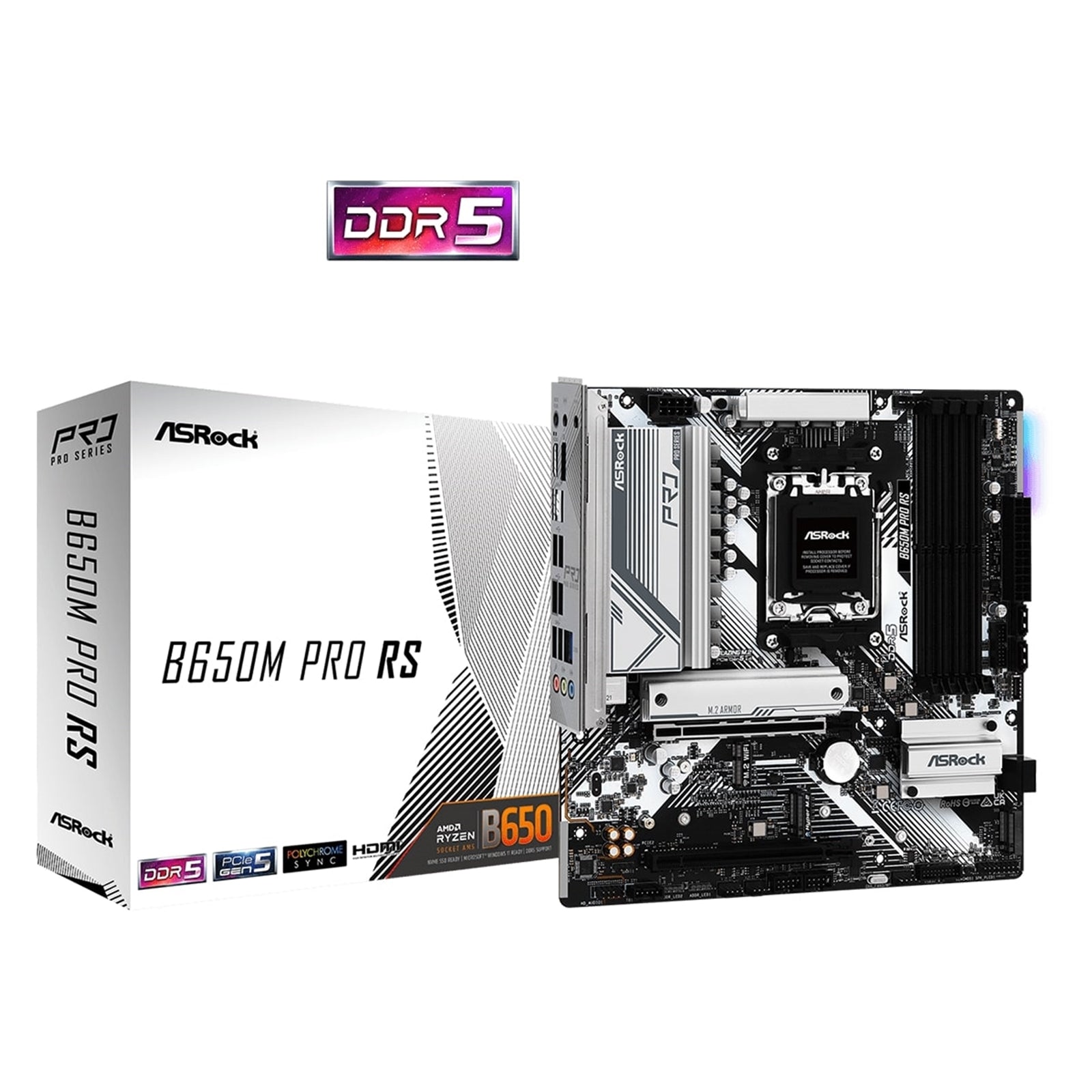 ASRock B650M Pro RS AMD AM5 Socket Motherboard, Micro-ATX, 4x DDR5 Slots, 3x M.2 Sockets, 2x USB-C Port, Fitted I/O Shield, 2.5GbE LAN, 1x DisplayPort / 1x HDMI Port