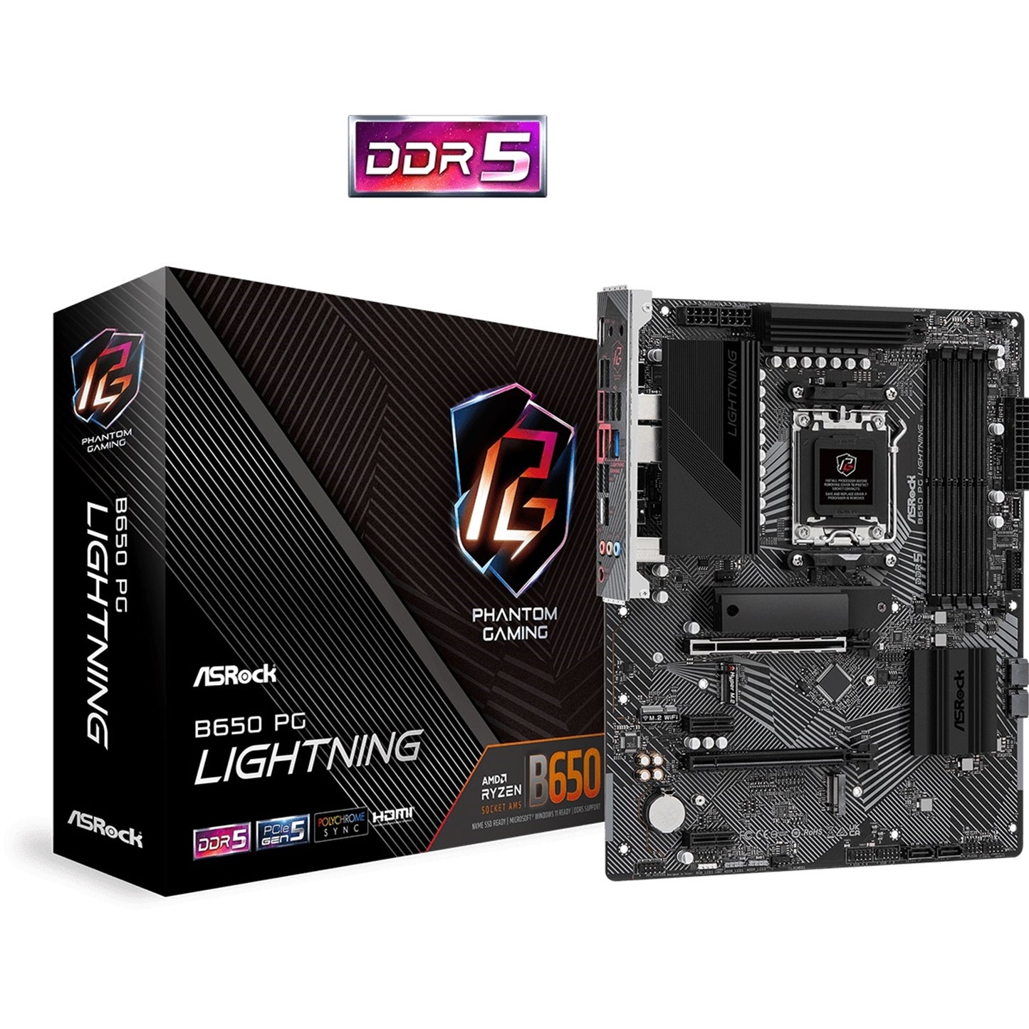 ASRock B650 PG Lightning AMD AM5 Socket Motherboard, ATX, 4x DDR5 Slots, 4x M.2 Sockets, 2x USB-C Port, Fitted I/O Shield, 2.5GbE LAN, 1x HDMI Port